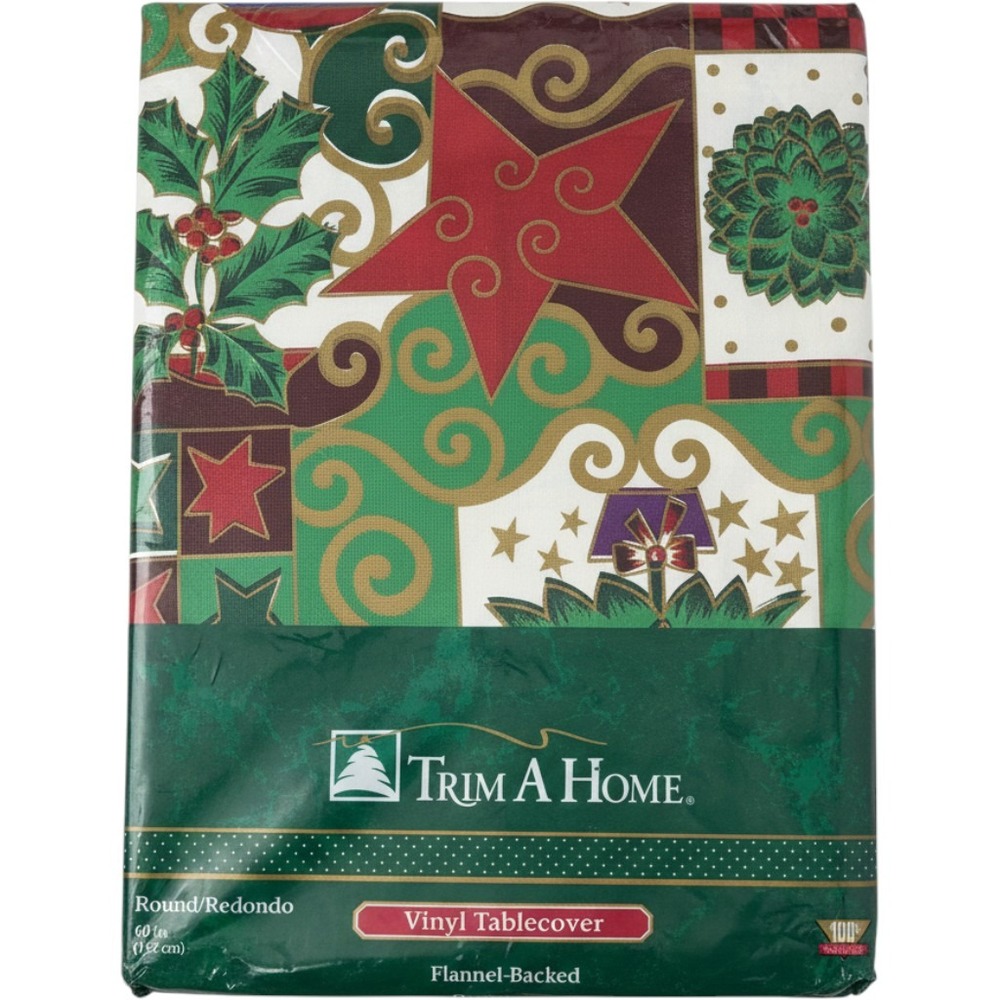 Vintage Trim A Home Christmas Vinyl Tablecover 60 Inch Round Flannel Patchwork